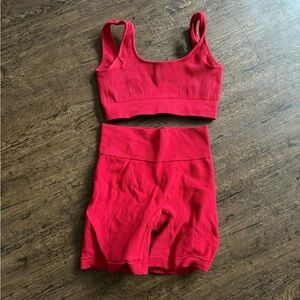 Red Ribbed Sports Bra and Shorts Set